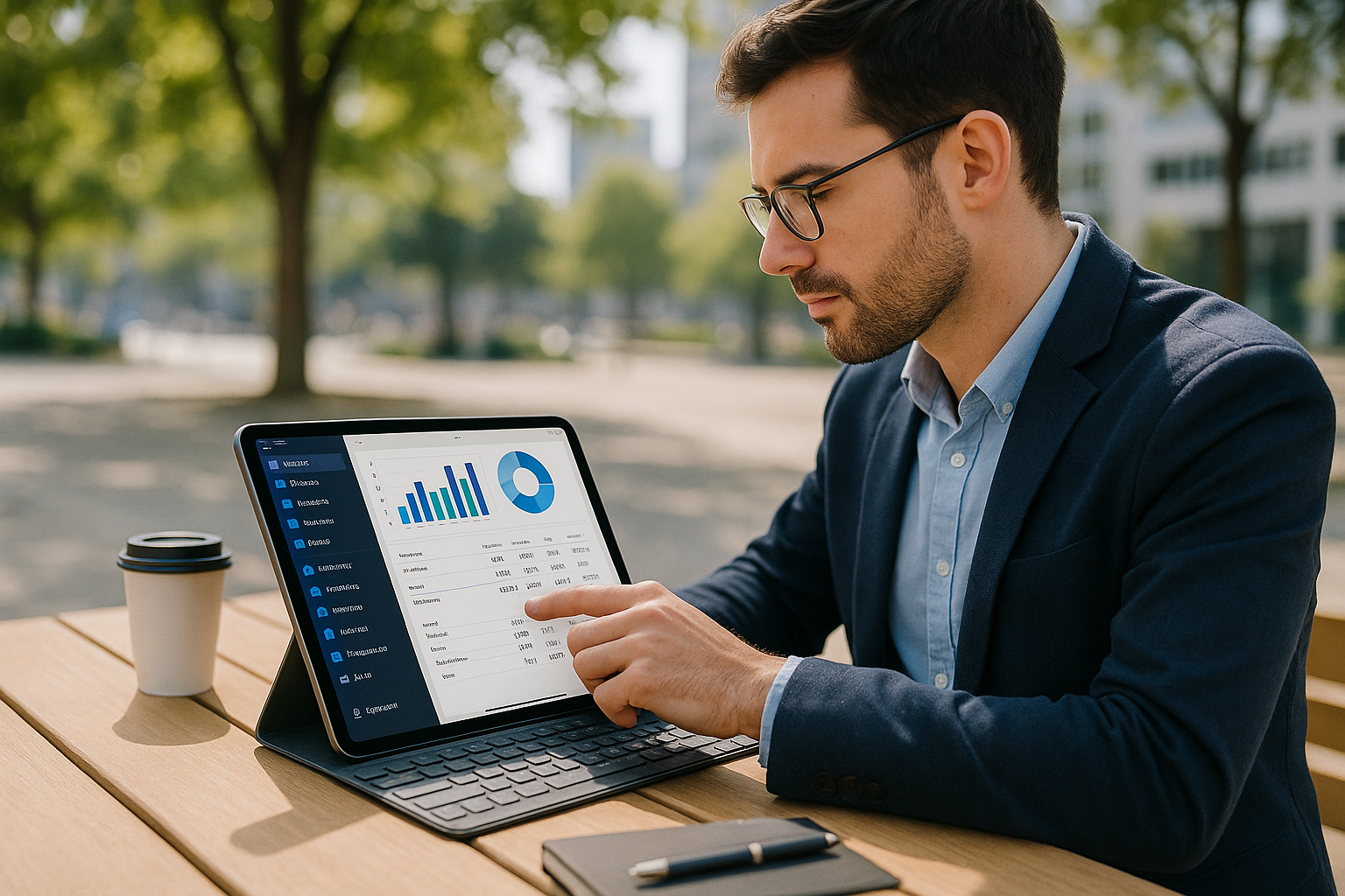 Professional working on iPad outdoors with screen facing forward